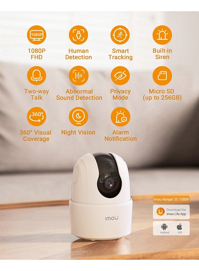 IMOU Pack of 2 Ranger 2C 360 Degree WiFi Security Camera (White), Up to 256GB SD Card Support, 1080P Full HD, Privacy Mode, Alexa Google Assistant, Motion Detection & Human Detection, 2-Way Audio, Night Vision - Image 2