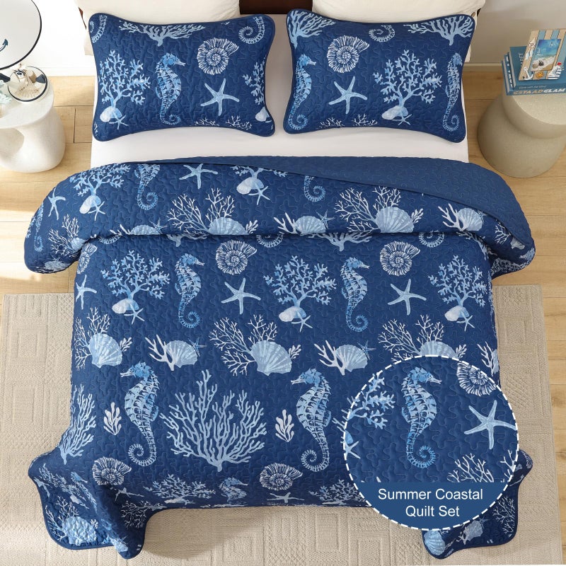 Djoymock Coastal King Size Quilt Set 3 Pcs, Summer Blue Beach Theme Quilts with Pillowcases Reversible Microfiber Ocean Bedding Set Nautical Bedspreads Coverlet Lightweight Comforter for All Season - Image 3