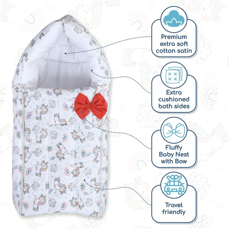 POLKA TOTS Unicorn Printed Cotton Sateen Bow Baby Sleeping Bag Cum Baby Nest Breathable Fabric for 06 Month TravelFriendly Newborn Sleeping Solution Safe for YearRound Use White 65X35X12cm - Image 2