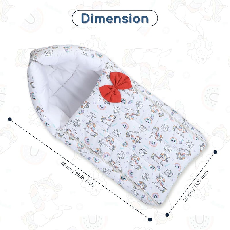 POLKA TOTS Unicorn Printed Cotton Sateen Bow Baby Sleeping Bag Cum Baby Nest Breathable Fabric for 06 Month TravelFriendly Newborn Sleeping Solution Safe for YearRound Use White 65X35X12cm - Image 3