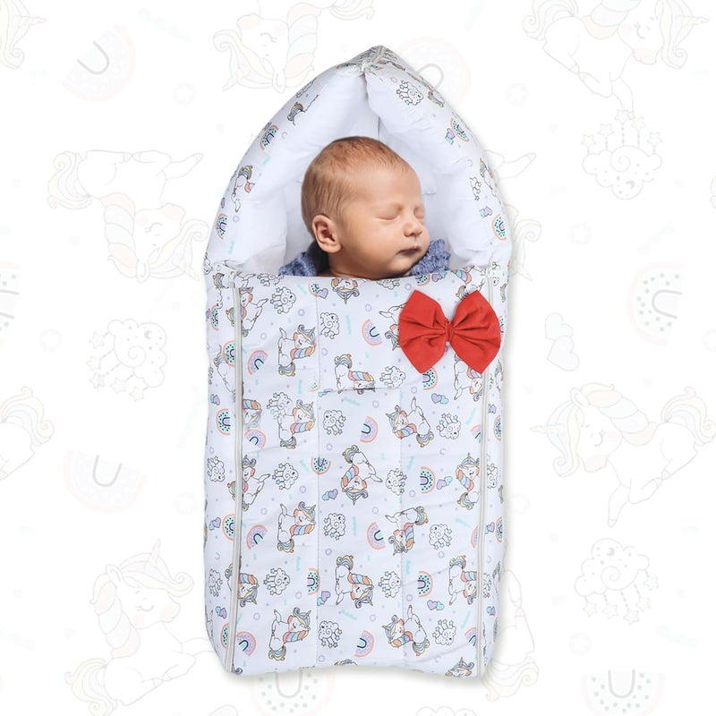 POLKA TOTS Unicorn Printed Cotton Sateen Bow Baby Sleeping Bag Cum Baby Nest Breathable Fabric for 06 Month TravelFriendly Newborn Sleeping Solution Safe for YearRound Use White 65X35X12cm - Image 1