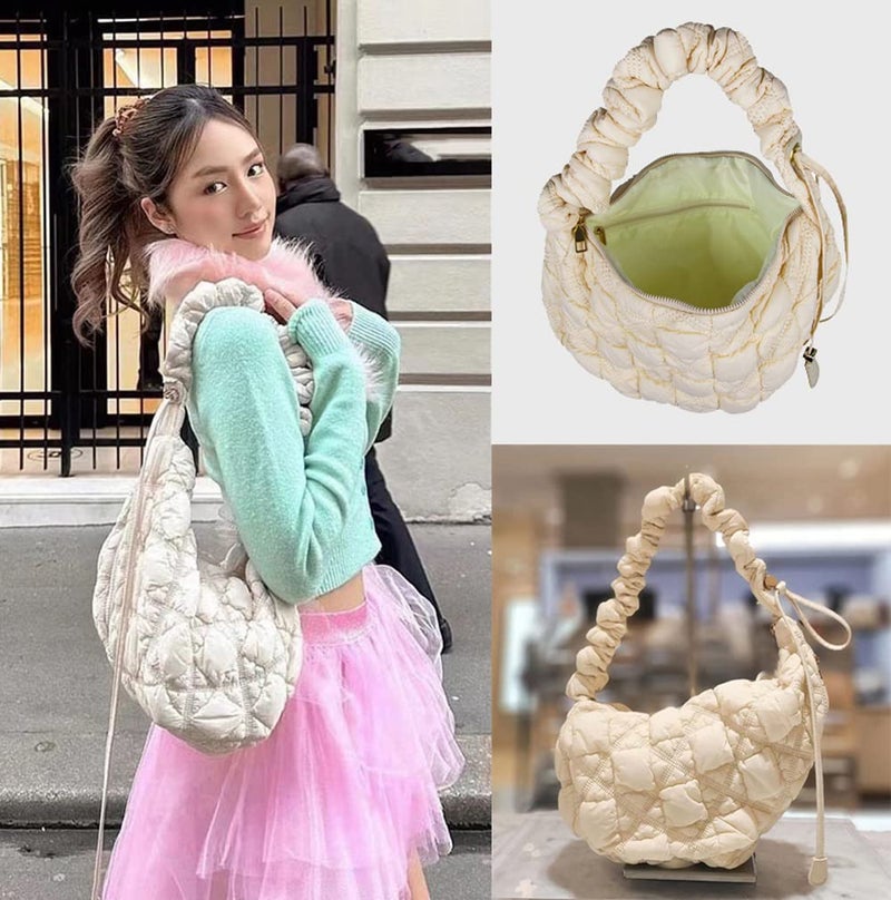 Trisapu Puffer Bag Quilted Padded Tote Bags for Women Puffy Hobo Purse Lightweight Down Cotton Crossbody Shoulder Bag Beige - Image 2