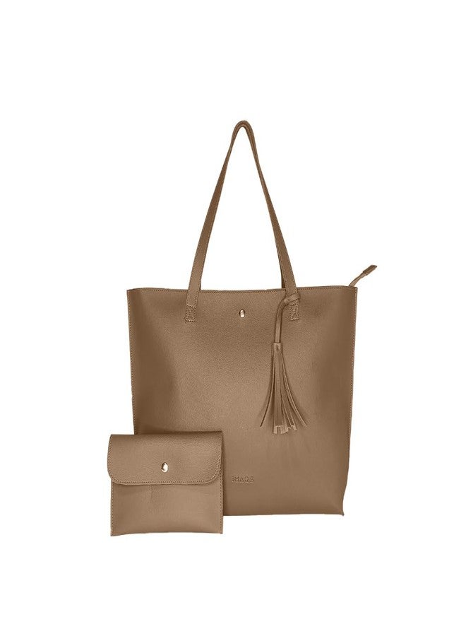 IMARS Large Brown Textured Tote Bag for Women - Water-Resistant Eco-Friendly Shoulder Handbag with Zipper Closure, Tassel Detail & Free Pouch, Spacious Daily Use Carry Bag - Image 1