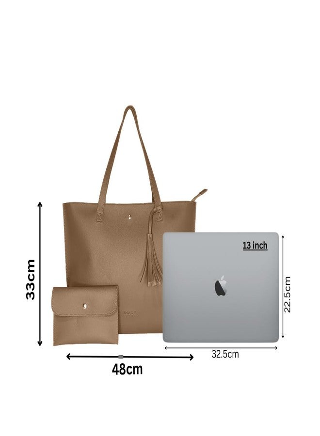 IMARS Large Brown Textured Tote Bag for Women - Water-Resistant Eco-Friendly Shoulder Handbag with Zipper Closure, Tassel Detail & Free Pouch, Spacious Daily Use Carry Bag - Image 3