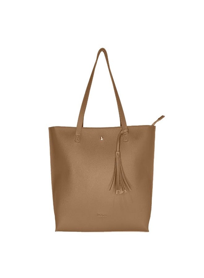 IMARS Large Brown Textured Tote Bag for Women - Water-Resistant Eco-Friendly Shoulder Handbag with Zipper Closure, Tassel Detail & Free Pouch, Spacious Daily Use Carry Bag - Image 5