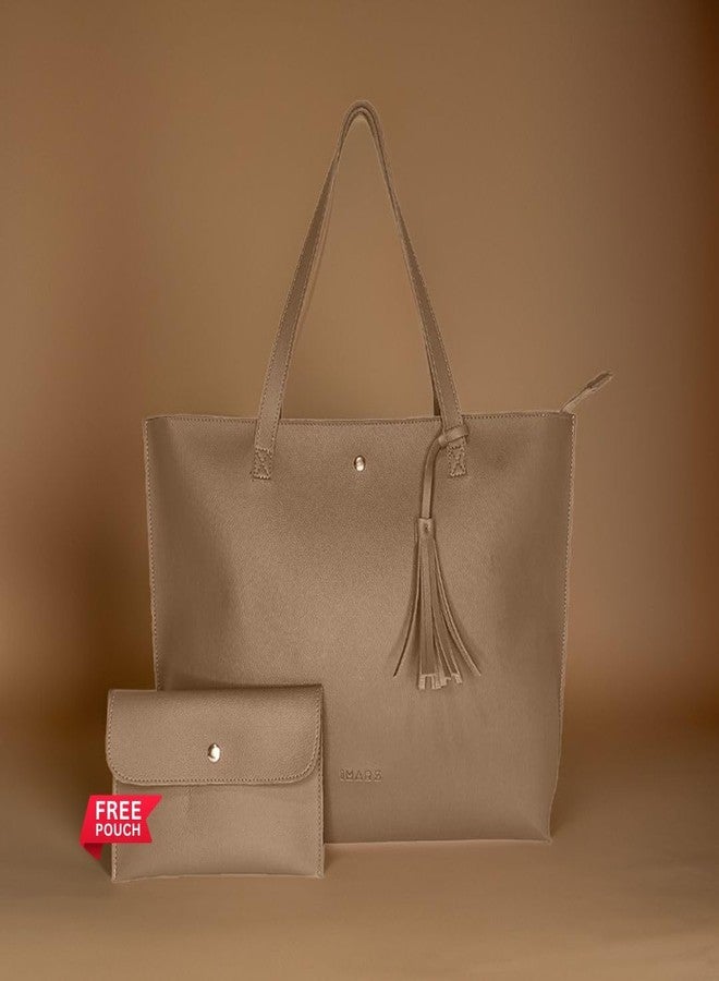 IMARS Large Brown Textured Tote Bag for Women - Water-Resistant Eco-Friendly Shoulder Handbag with Zipper Closure, Tassel Detail & Free Pouch, Spacious Daily Use Carry Bag - Image 2