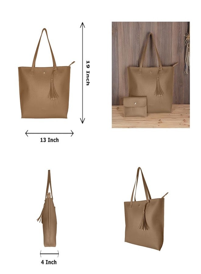 IMARS Large Brown Textured Tote Bag for Women - Water-Resistant Eco-Friendly Shoulder Handbag with Zipper Closure, Tassel Detail & Free Pouch, Spacious Daily Use Carry Bag - Image 4
