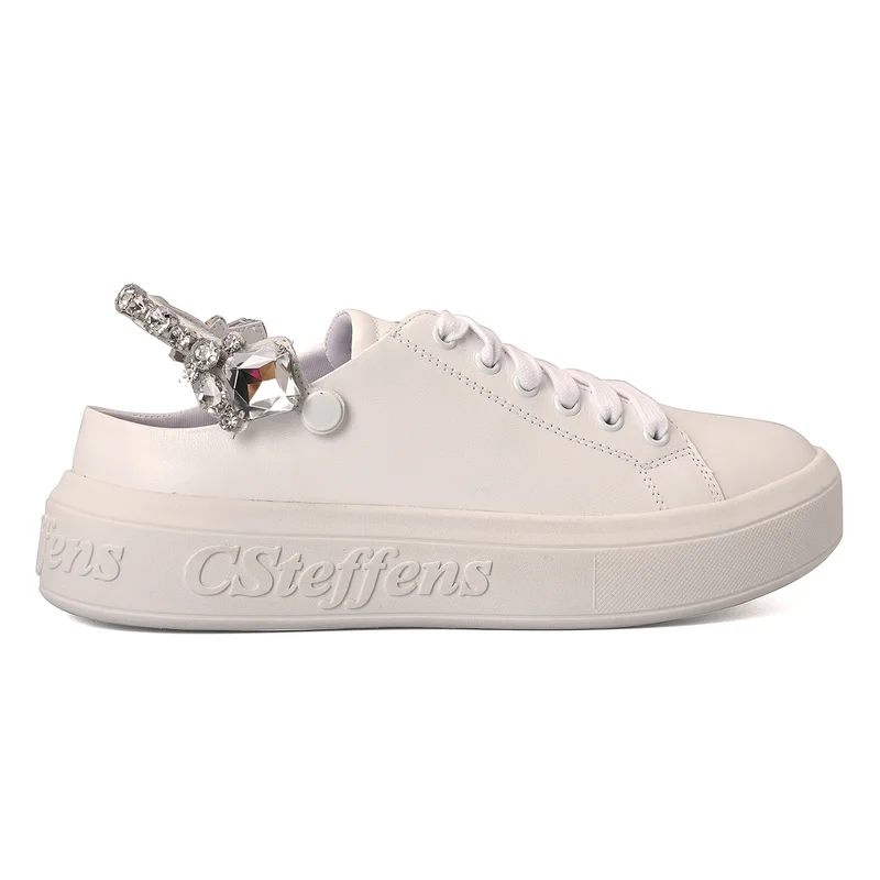 White Leather Sneakers with Crystal Detailing