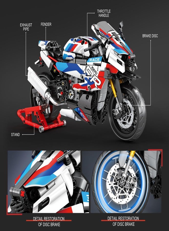 Brihappen 1:8 Scale 1000 RR Motorcycle Building Set for Adults, Technic Motorbike Model Kit with Steering Function, Display Stand, 949PCS Collectible Motorcycle Model Gift for Men 14+ - Image 3