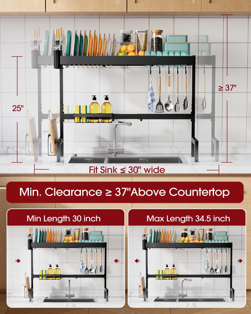 Sakugi Over The Sink Dish Drying Rack, Expandable 2-Tier Stainless Steel Kitchen Storage Organization Accessories for Countertop, Rustproof & Space-Saving, 30"â€“34.5" L x 12" W x 25" H, Black - Image 3