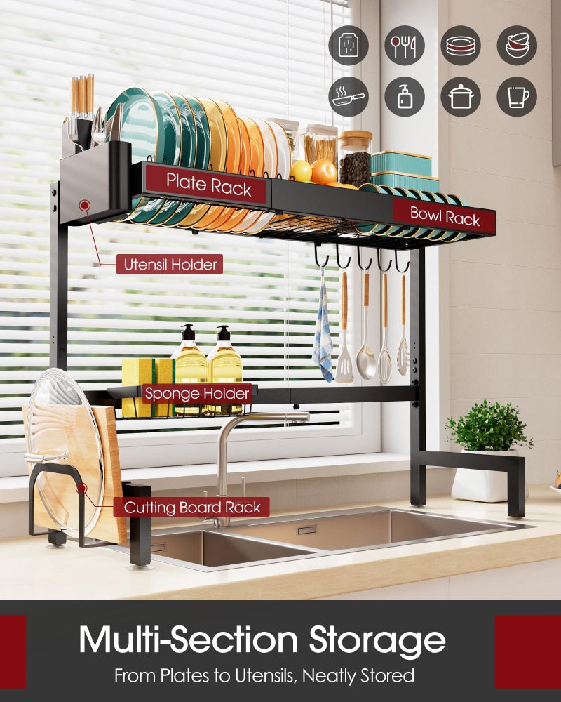 Sakugi Over The Sink Dish Drying Rack, Expandable 2-Tier Stainless Steel Kitchen Storage Organization Accessories for Countertop, Rustproof & Space-Saving, 30"â€“34.5" L x 12" W x 25" H, Black - Image 2