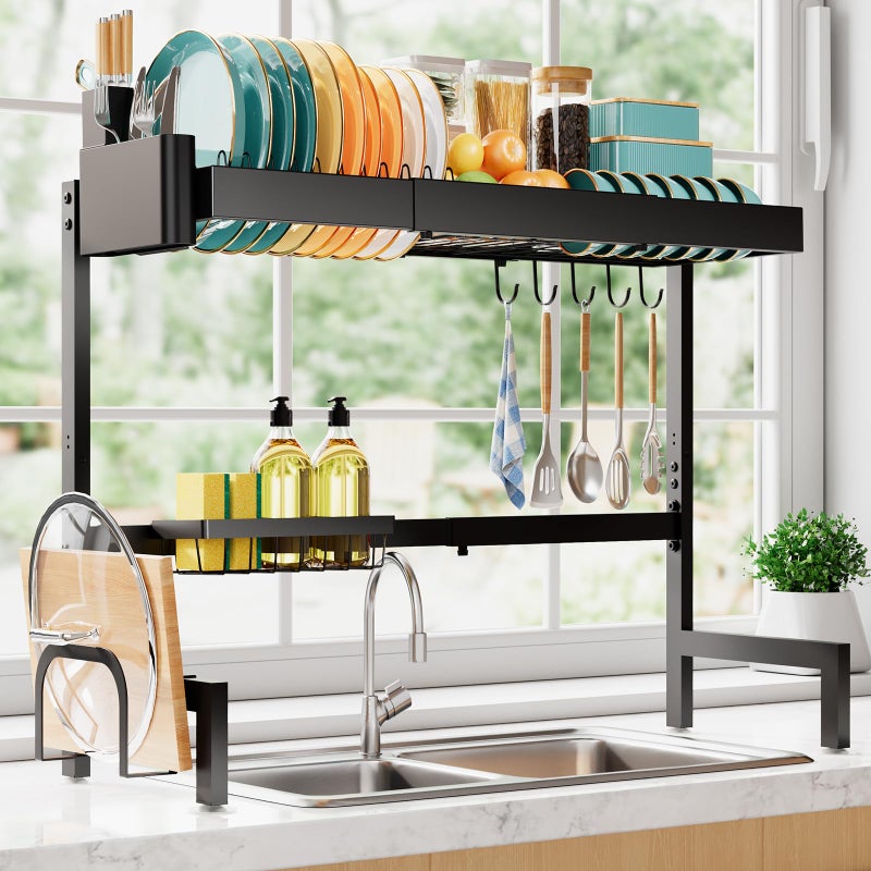 Sakugi Over The Sink Dish Drying Rack, Expandable 2-Tier Stainless Steel Kitchen Storage Organization Accessories for Countertop, Rustproof & Space-Saving, 30"â€“34.5" L x 12" W x 25" H, Black - Image 1