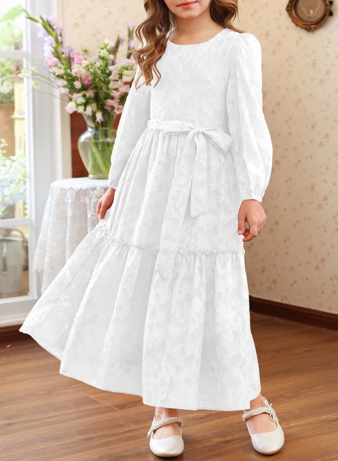MITILLY Fall Flower Girl Dress Long Sleeve Elegant Crew Neck A-Line Elastic Waist Formal Maxi Dresses with Belt 6-12 Years, White, 10 Years - Image 3