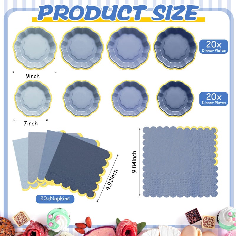 Vesici 60 Pcs Dusty Blue Party Plates with Napkins 9 Inch 7 Inch Paper Plates and Disposable Napkins with Gold Foil Border for Bridal Baby Shower Tea Birthday Wedding Party Supplies - Image 3
