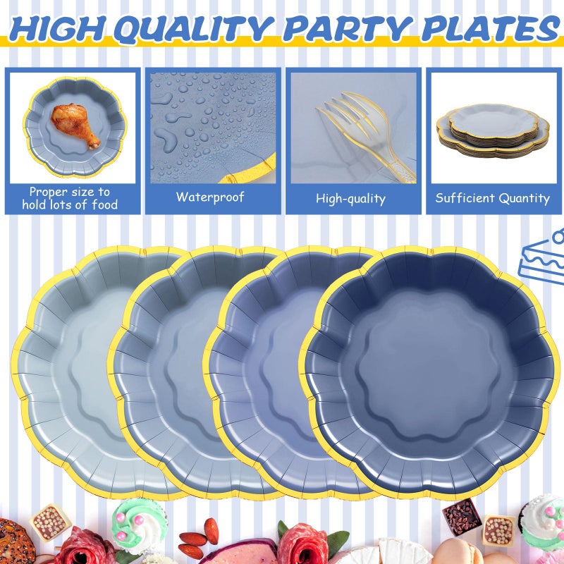Vesici 60 Pcs Dusty Blue Party Plates with Napkins 9 Inch 7 Inch Paper Plates and Disposable Napkins with Gold Foil Border for Bridal Baby Shower Tea Birthday Wedding Party Supplies - Image 5
