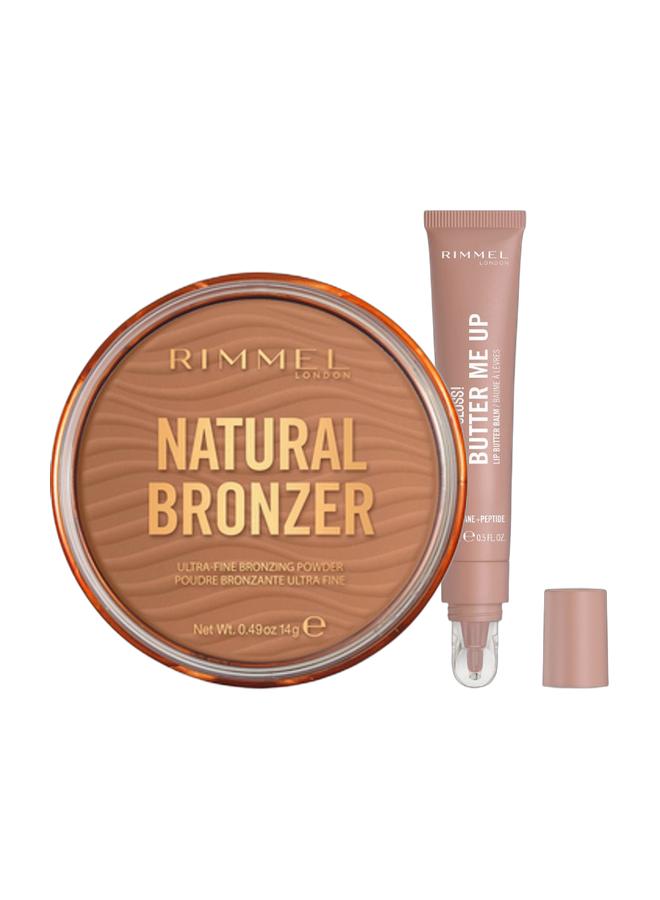 RIMMEL LONDON Natural Bronzer 002 Sunbronze & Oh My Gloss Butter Me Up Lip Butter Balm - 001 - Latte Delight 15mlBundle - Image 1