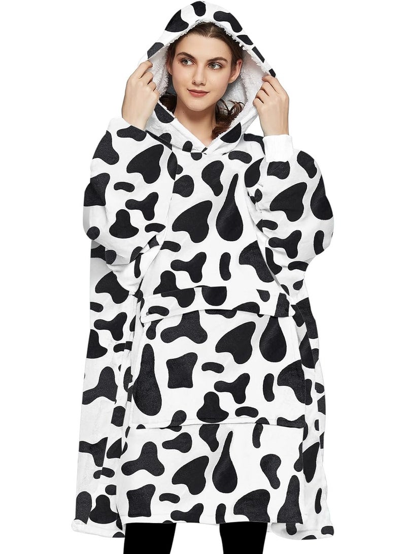 Women's Adult Wearable Oversized Cartoon Cow Pattern Blanket Hoodie With Pockets  - Image 1