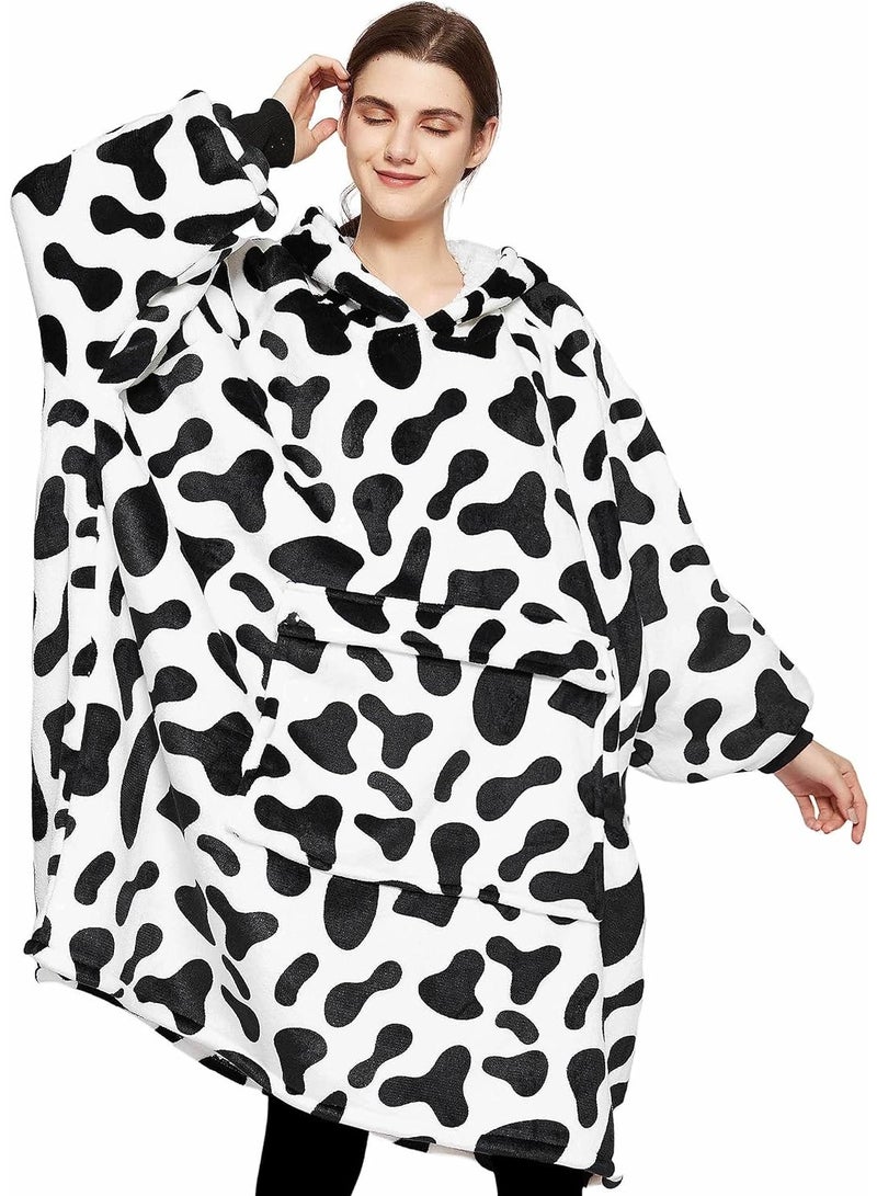 Women's Adult Wearable Oversized Cartoon Cow Pattern Blanket Hoodie With Pockets  - Image 3