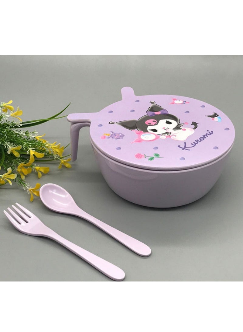 general Kuromi cute instant noodle bowl super big capacity with lid and handle anti-scald soup rice bowl with utensils included - Image 2