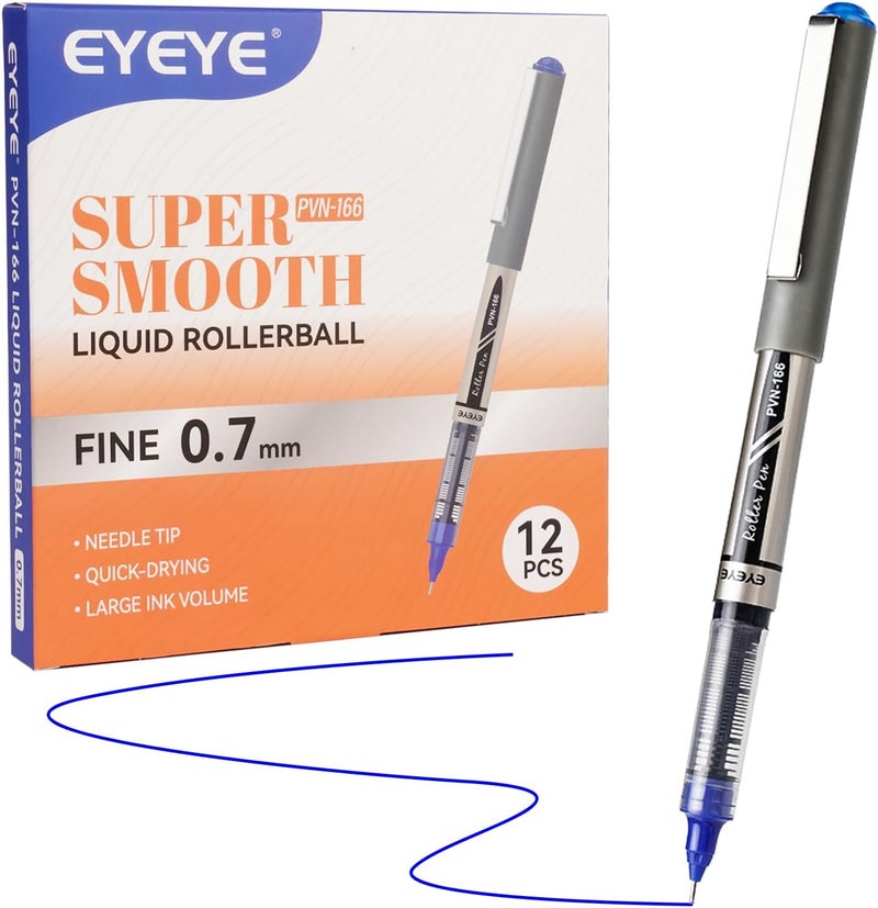 EYEYE Liquid Ink Rollerball Pens, 0.7mm Fine Point Needle Tip, 12 Pack Blue Rollerball Pens Quick Drying, Rolling Pen Smooth Writing for Journaling, Note Taking, Office and School Supplies - Image 1
