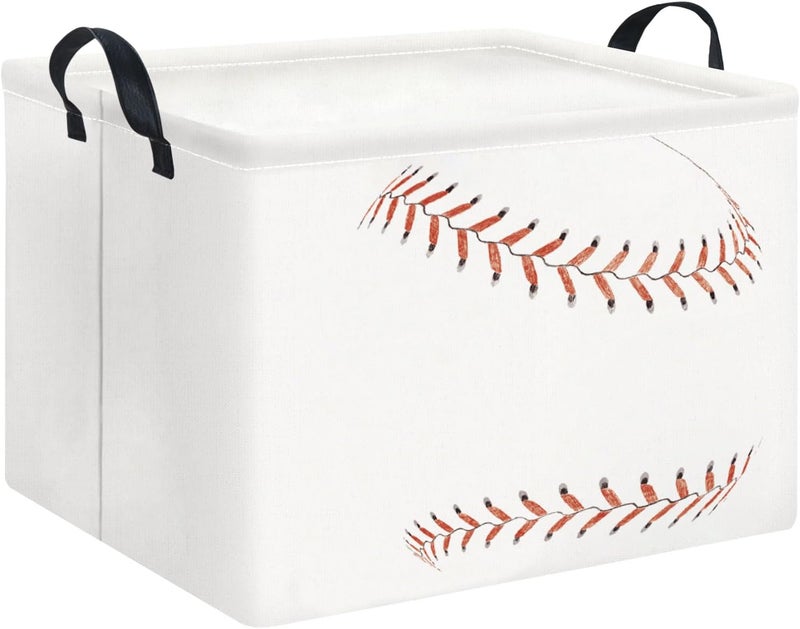 HKEC Rectangle Storage Basket with Handles,Collapsible Toys Bin,Books Box,Room Decor(Baseball) - Image 1