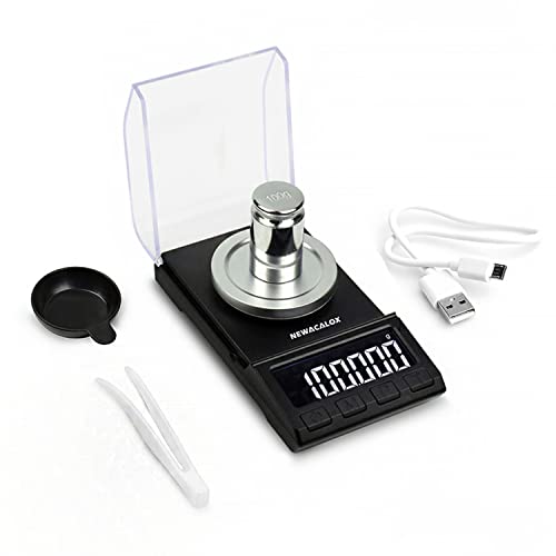 NEWACALOX Milligram Scale with USB Supply, NEWACALOX Reloading Scale 100 x 0.001g, High Precision Portable Multifunction Lab Powder Scales with Calibration Tare Weights, Tweezers, Weighing Pans Black - Image 1