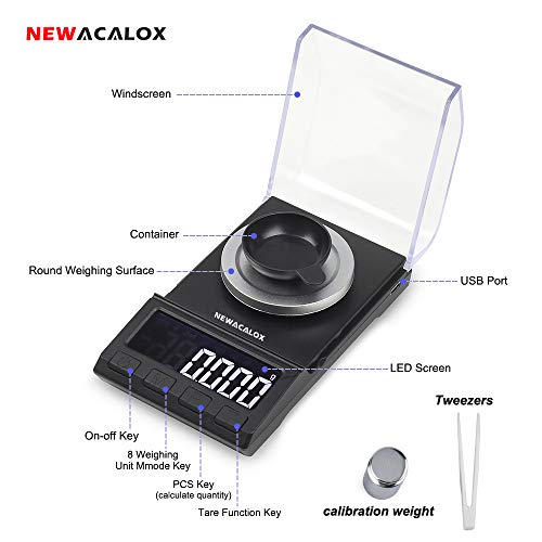 NEWACALOX Milligram Scale with USB Supply, NEWACALOX Reloading Scale 100 x 0.001g, High Precision Portable Multifunction Lab Powder Scales with Calibration Tare Weights, Tweezers, Weighing Pans Black - Image 2