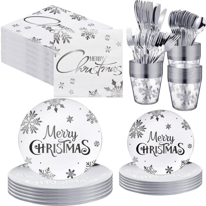 230 PCS CHRISTMAS DISPOSABLE PLASTIC PLATES SET 7 AND 9 SILVER PLATES SNOWFLAKE PLASTIC PLATE WITH PAPER NAPKINS KNIVES FORKS SPOONS CUPS FOR HOLIDAY XMAS DINNERWARE DECORATIONS TABLEWARE SET