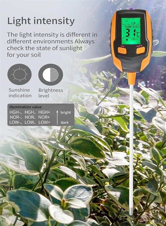 جهاز قياس رطوبة التربة 5 في 1 لقياس درجة حرارة النبات/رطوبة التربة/مقياس الحموضة/كثافة الضوء الشمسي/رطوبة الجو. يعد هذا الجهاز مناسبًا للزراعة والحدائق والنباتات داخل المنزل وفي الهواء الطلق. - Image 5