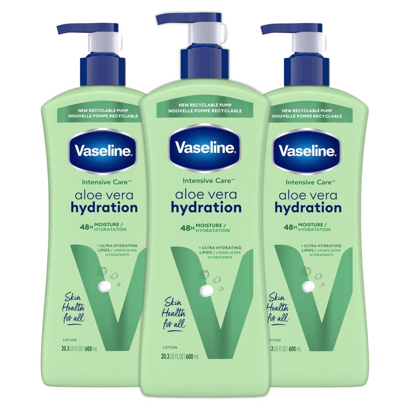 Vaseline Intensive Care Body Lotion for Dry Skin Soothing Hydration Lotion Made with Ultra-Hydrating Lipids + 1% Aloe Vera Extract to Refresh Dehydrated Skin 20.3 oz, Pack of 3 - Image 1