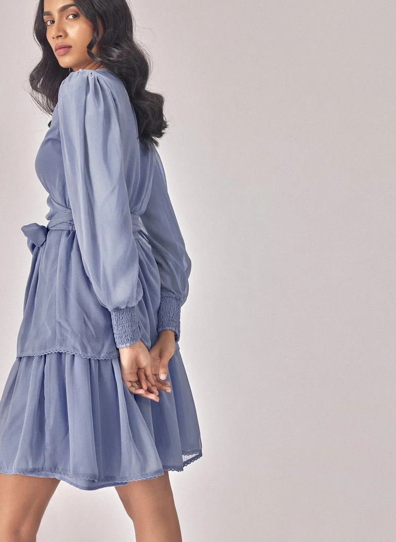 The Label Life Tiered Wrap Dress with Smocked Sleeves