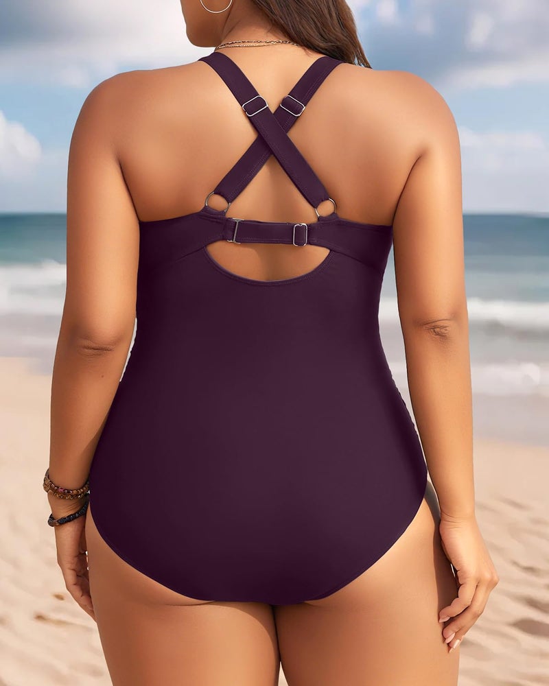 Aqua Eve Plus Size One Piece Swimsuit - Women's Tummy Control Bathing Suit Retro Full Coverage Swimwear 2025 Purple 20W - Image 2