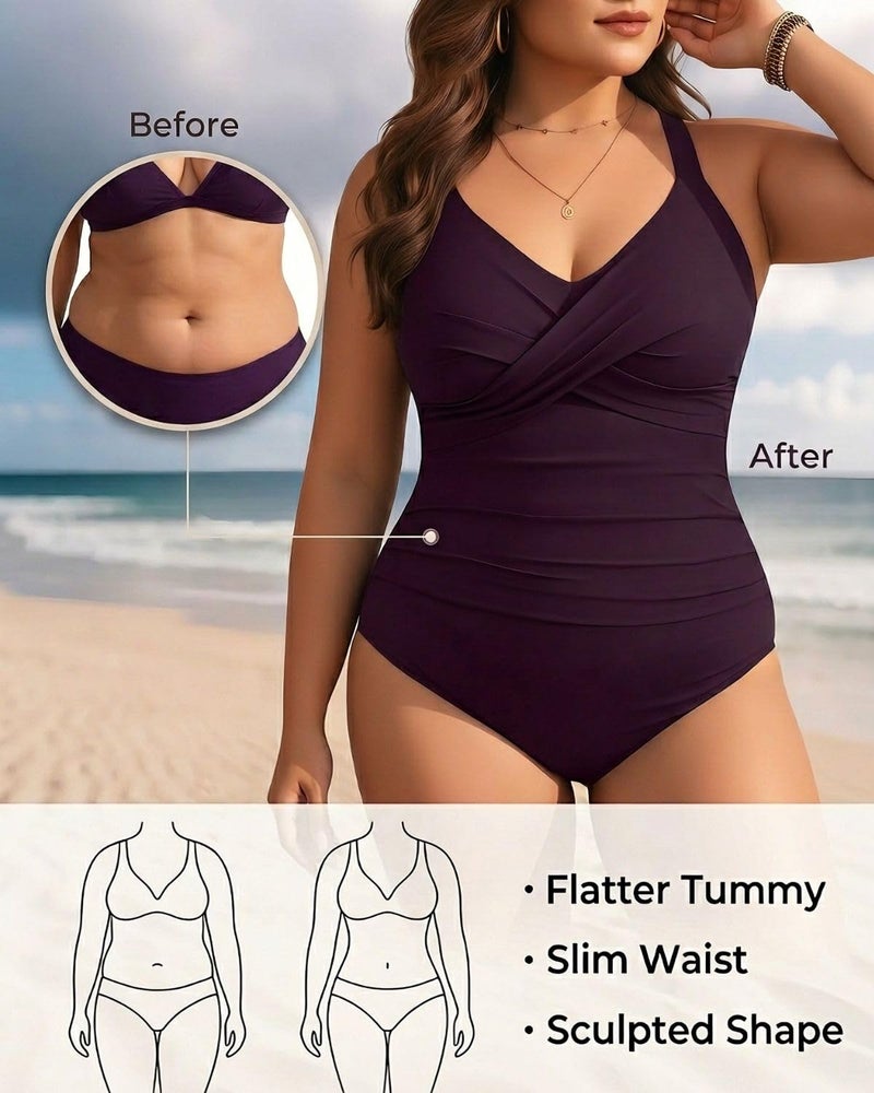 Aqua Eve Plus Size One Piece Swimsuit - Women's Tummy Control Bathing Suit Retro Full Coverage Swimwear 2025 Purple 20W - Image 5