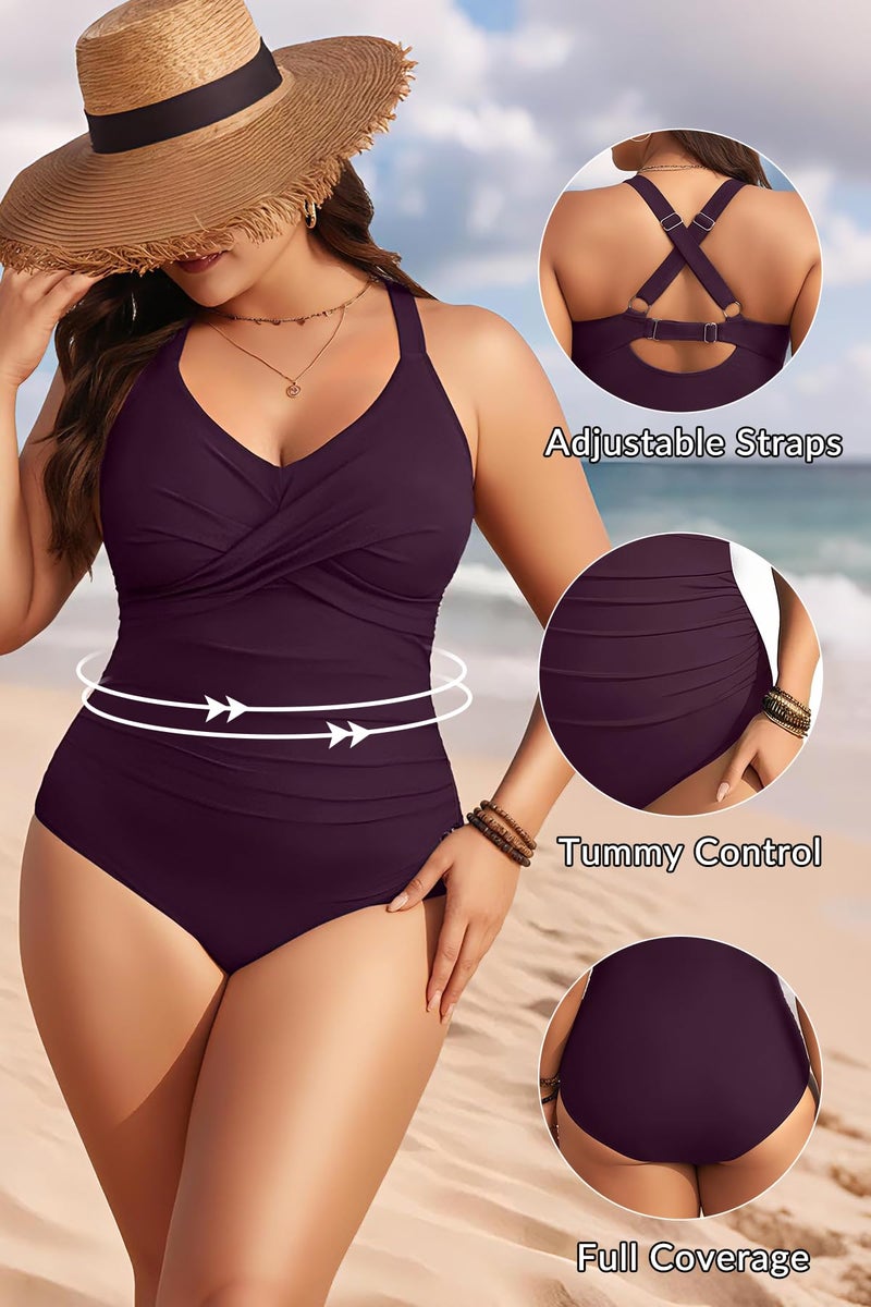 Aqua Eve Plus Size One Piece Swimsuit - Women's Tummy Control Bathing Suit Retro Full Coverage Swimwear 2025 Purple 20W - Image 4