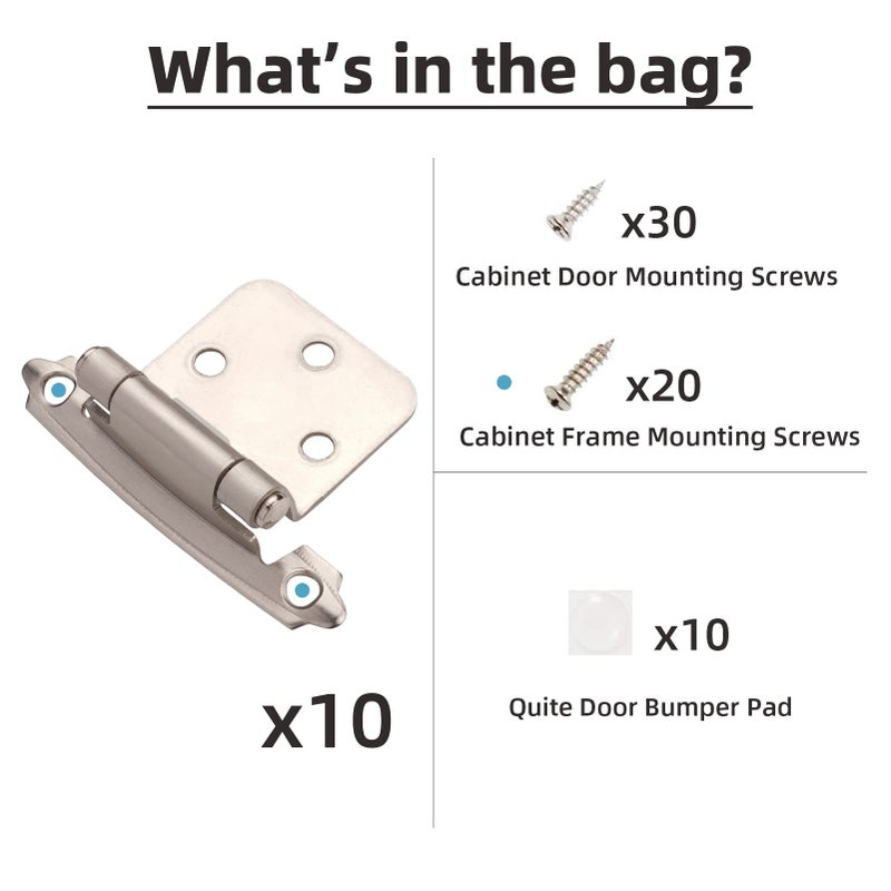 Decobasics Cabinet Hinges Brushed Nickel For Kitchen Cabinets Doors (5 Pair -10 Pcs) -1/2"" Overlay (Variable) -Self Closing Kitchen Cabinet Hinges Flush Mount W/Silicon Bumpers & Hardware Screws - Image 3