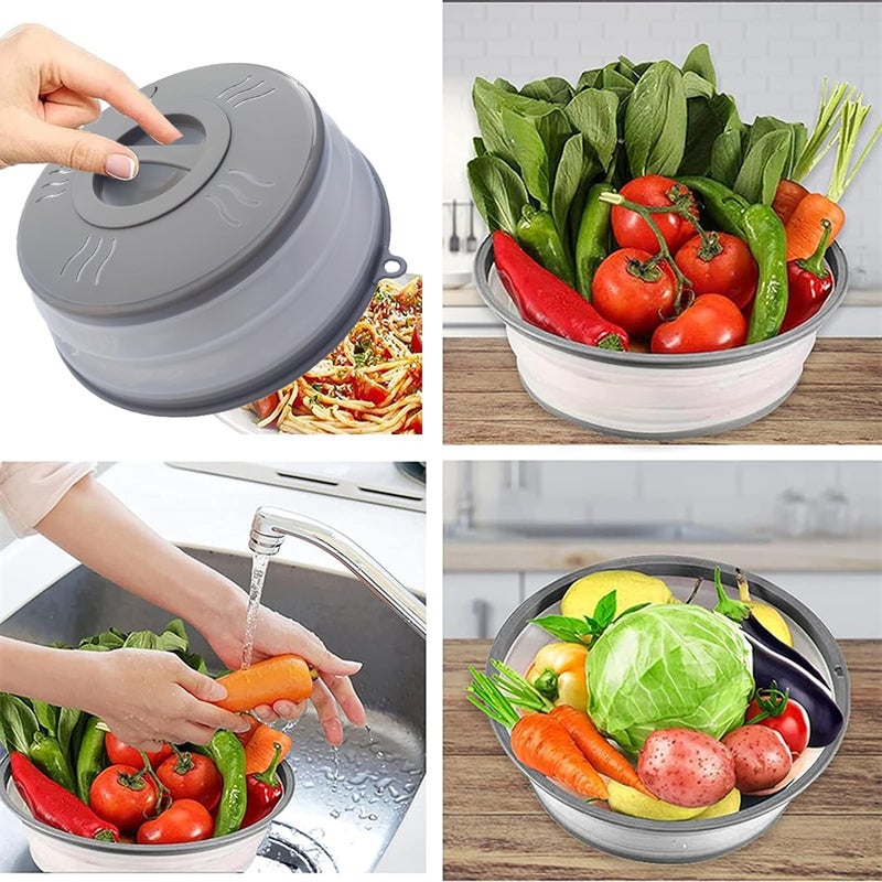 XGHJ Microwave Splatter Cover Vented for Food, Microwave Plate Cover Splatter Guard & Colander, Fruit Vegetables Drainer with Hook Hole, Dishwasher-Safe,BPA-Free Silicone & Plastic (Grey) - Image 4