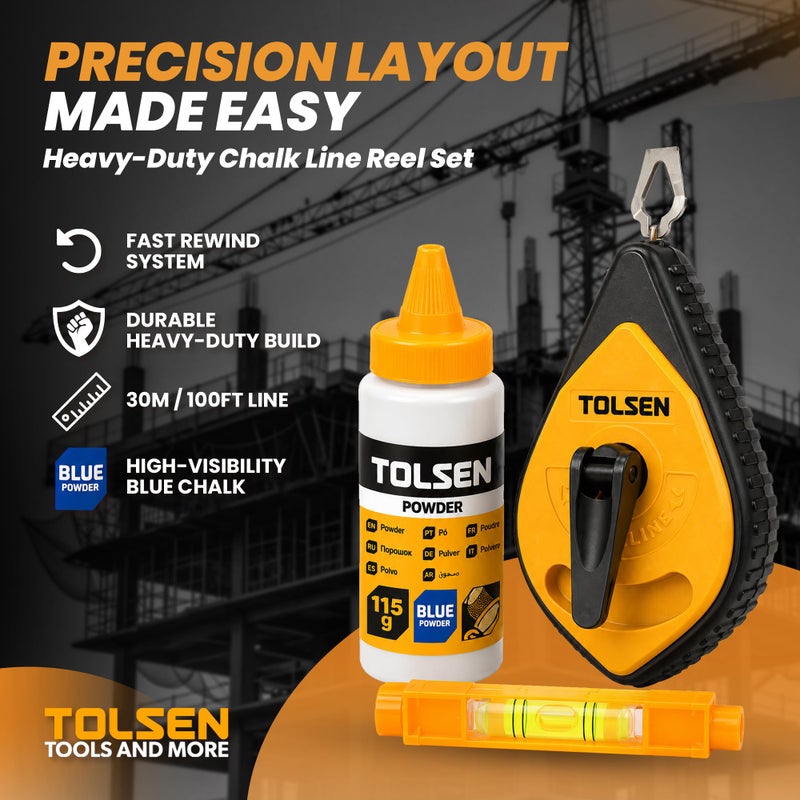 Tolsen Chalk Line Reel Set - Heavy Duty, Fast Rewind, Builders Chalk String Kit - 30m (100ft) Line - Image 2