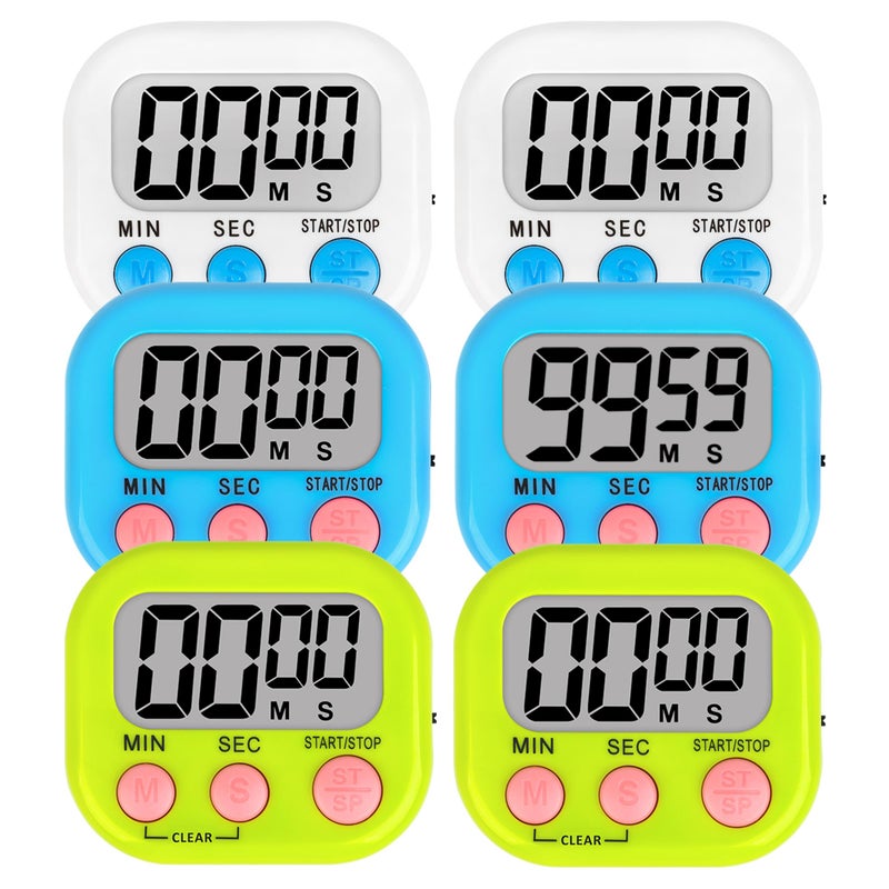 ZILLEEN 6 Pack Kitchen Timers for Cooking Digital Classroom Timers for Teachers Kids White Blue Green