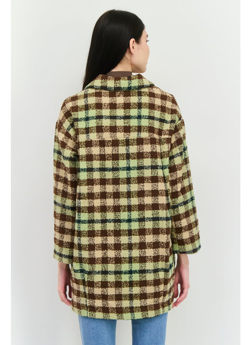 MONKI - Women Checkered Trench Coat, Sage Green - Image 1