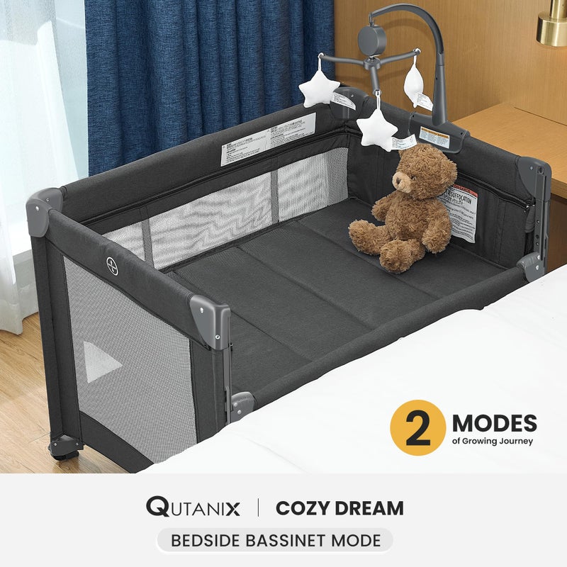 QUTANIX 2-in-1 Pack and Play with Mattress,Baby Bassinet Bedside Sleeper, Bedside Bassinet & Baby Playpen, Easy Folding Portable Crib for Newborn to Toddlers (Dark Grey) - Image 2