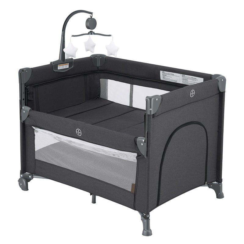QUTANIX 2-in-1 Pack and Play with Mattress,Baby Bassinet Bedside Sleeper, Bedside Bassinet & Baby Playpen, Easy Folding Portable Crib for Newborn to Toddlers (Dark Grey) - Image 1