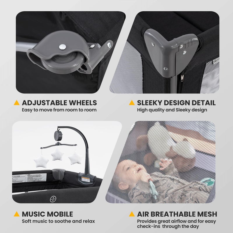 QUTANIX 2-in-1 Pack and Play with Mattress,Baby Bassinet Bedside Sleeper, Bedside Bassinet & Baby Playpen, Easy Folding Portable Crib for Newborn to Toddlers (Dark Grey) - Image 5