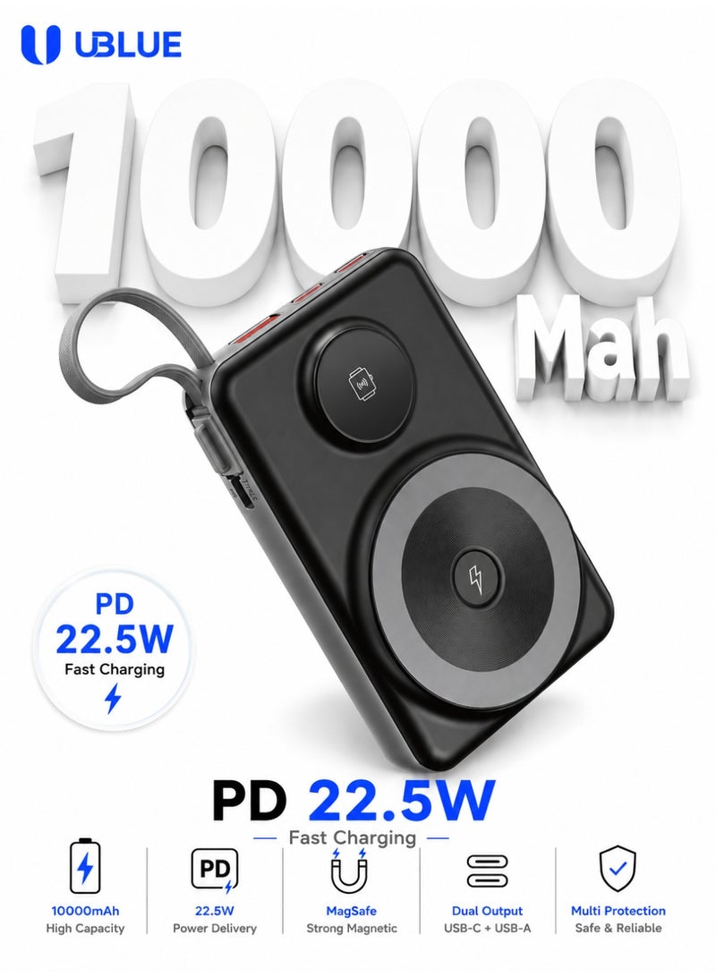 يوبلو بنك طاقة مغناطيسي من يو بلو بسعة 10000 مللي أمبير، شاحن لاسلكي محمول بمنفذ USB-C، بطارية احتياطية لأجهزة آيفون من سلسلة 15/16/17، وجالكسي S26/S25/S24، وإيربودز، أسود - Image 1
