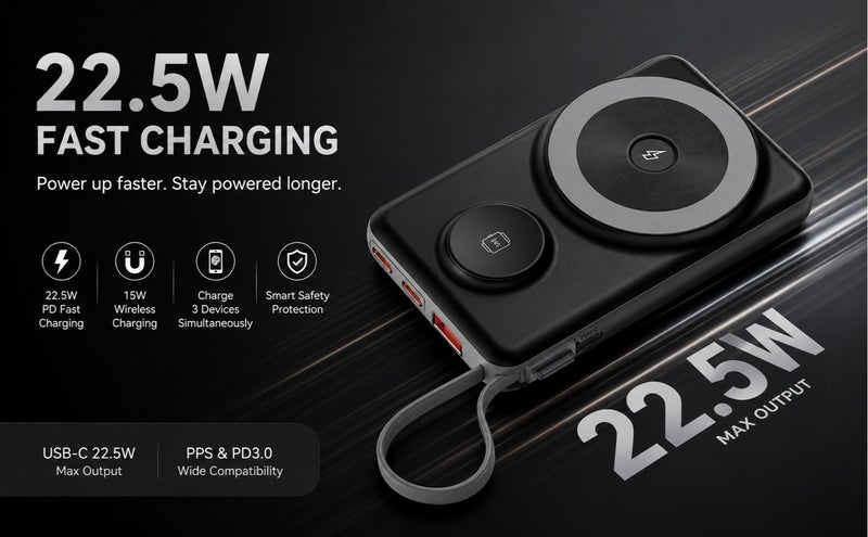 يوبلو بنك طاقة مغناطيسي من يو بلو بسعة 10000 مللي أمبير، شاحن لاسلكي محمول بمنفذ USB-C، بطارية احتياطية لأجهزة آيفون من سلسلة 15/16/17، وجالكسي S26/S25/S24، وإيربودز، أسود - Image 3