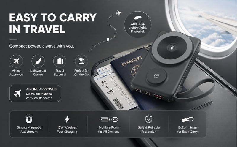 يوبلو بنك طاقة مغناطيسي من يو بلو بسعة 10000 مللي أمبير، شاحن لاسلكي محمول بمنفذ USB-C، بطارية احتياطية لأجهزة آيفون من سلسلة 15/16/17، وجالكسي S26/S25/S24، وإيربودز، أسود - Image 4