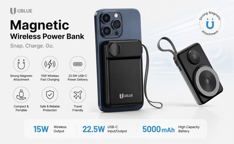 يوبلو بنك طاقة مغناطيسي من يو بلو بسعة 10000 مللي أمبير، شاحن لاسلكي محمول بمنفذ USB-C، بطارية احتياطية لأجهزة آيفون من سلسلة 15/16/17، وجالكسي S26/S25/S24، وإيربودز، أسود - Image 5