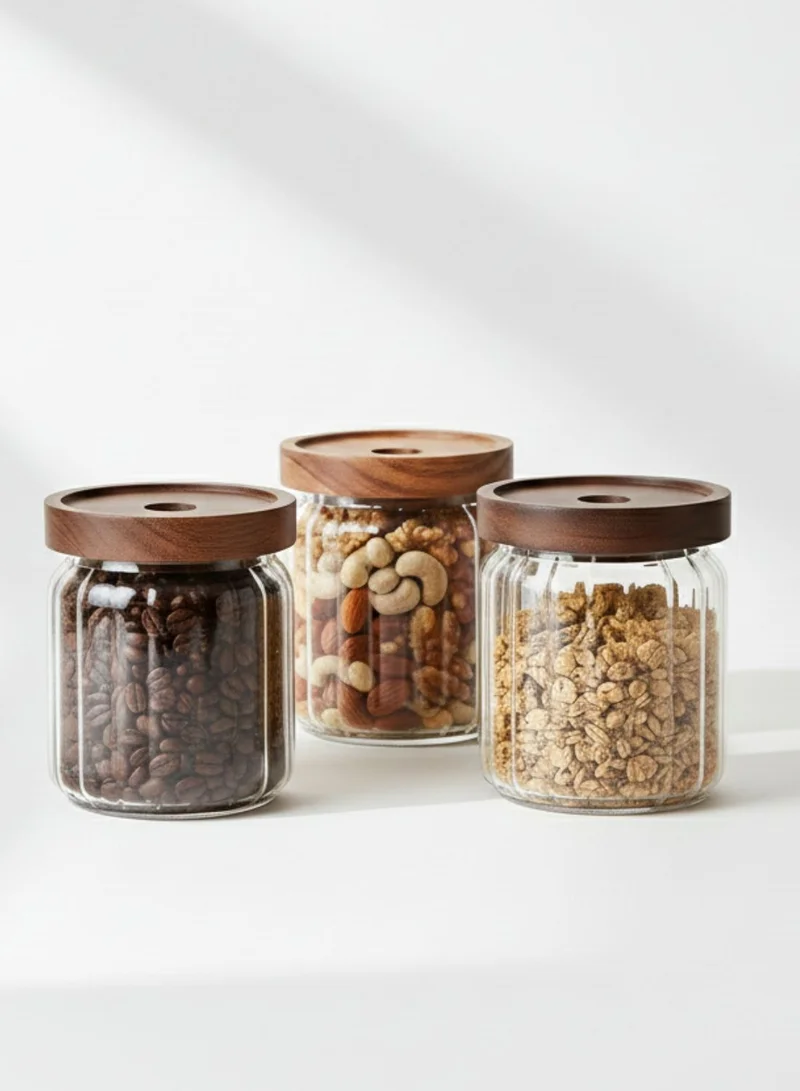 1Chase Food Storage Jars 500ML Set of 3 – Stripe Borosilicate Glass with Acacia Lids