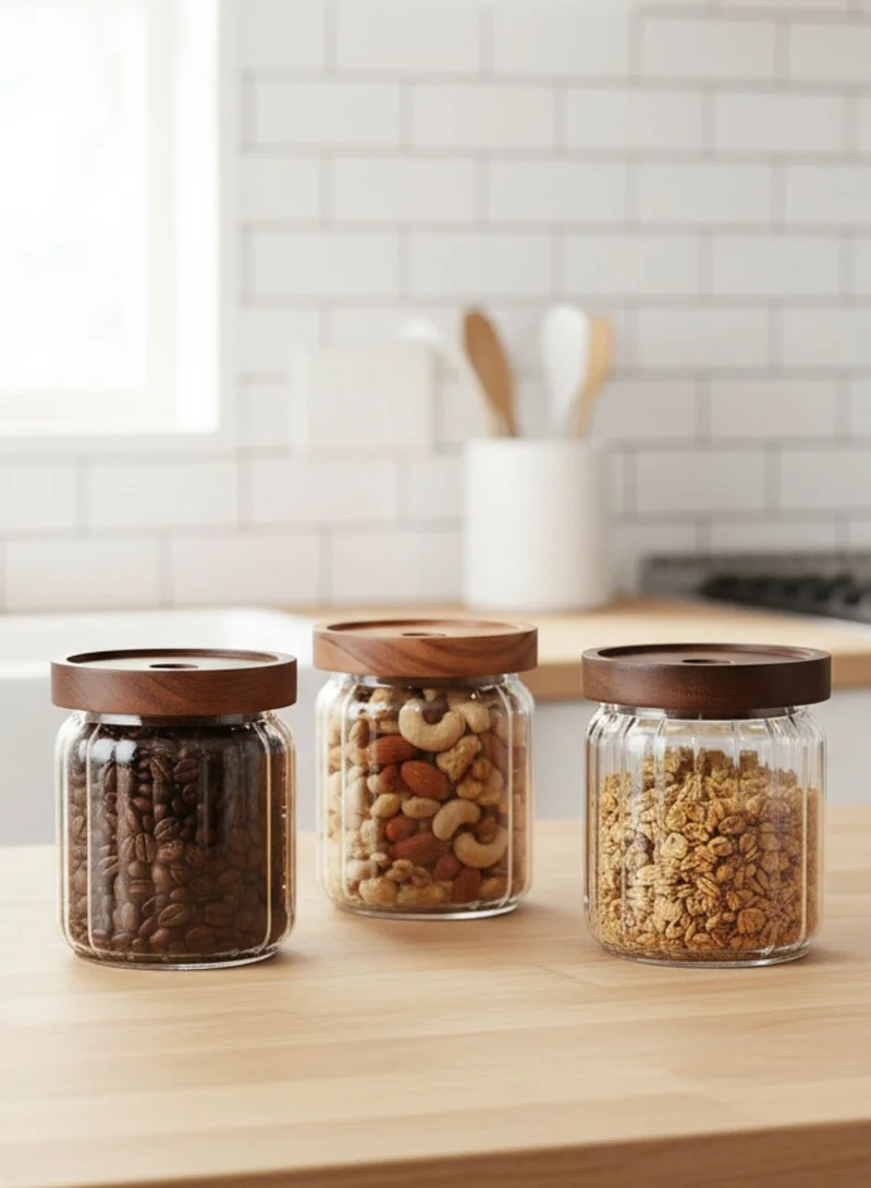 1Chase 500ml Food Storage Jars 500ML Set of 3 – Stripe Borosilicate Glass with Acacia Lids  | Best Price UAE