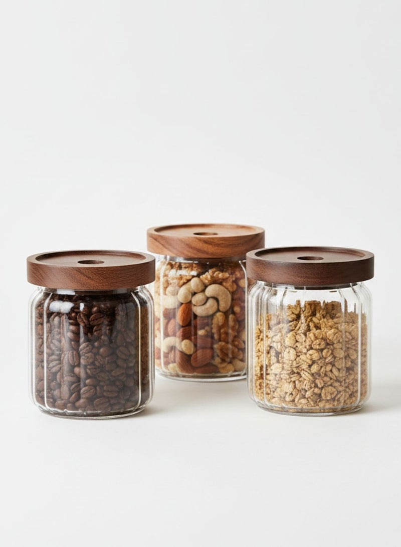 1Chase Food Storage Jars 500ML Set of 3 – Stripe Borosilicate Glass with Acacia Lids - Image 2