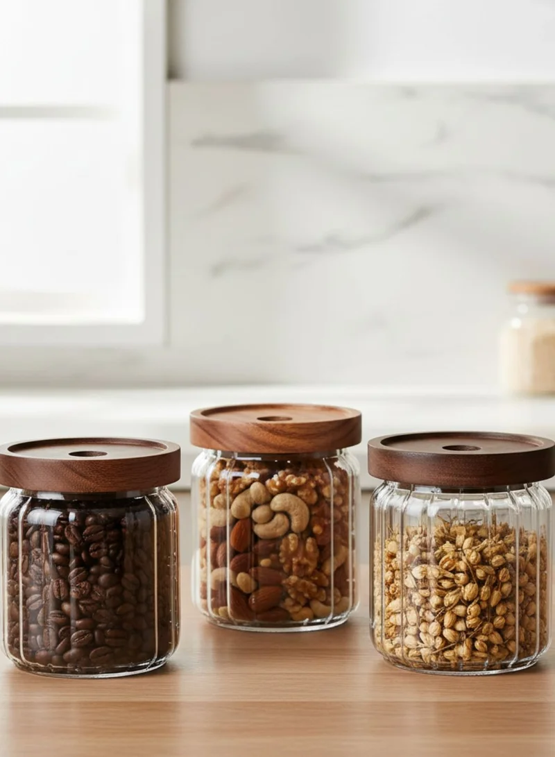 1Chase 500ml Food Storage Jars 500ML Set of 3 – Stripe Borosilicate Glass with Acacia Lids  | Best Price UAE